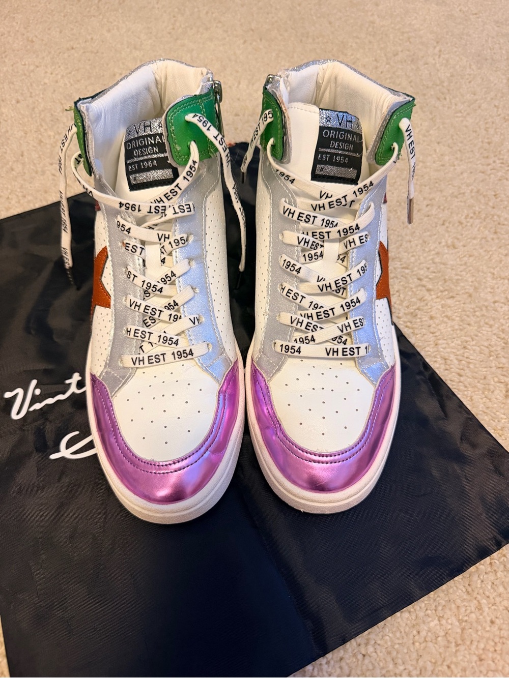 Vintage Havana Dream High-Top Sneakers in White with Pink, Green & Brown Accents